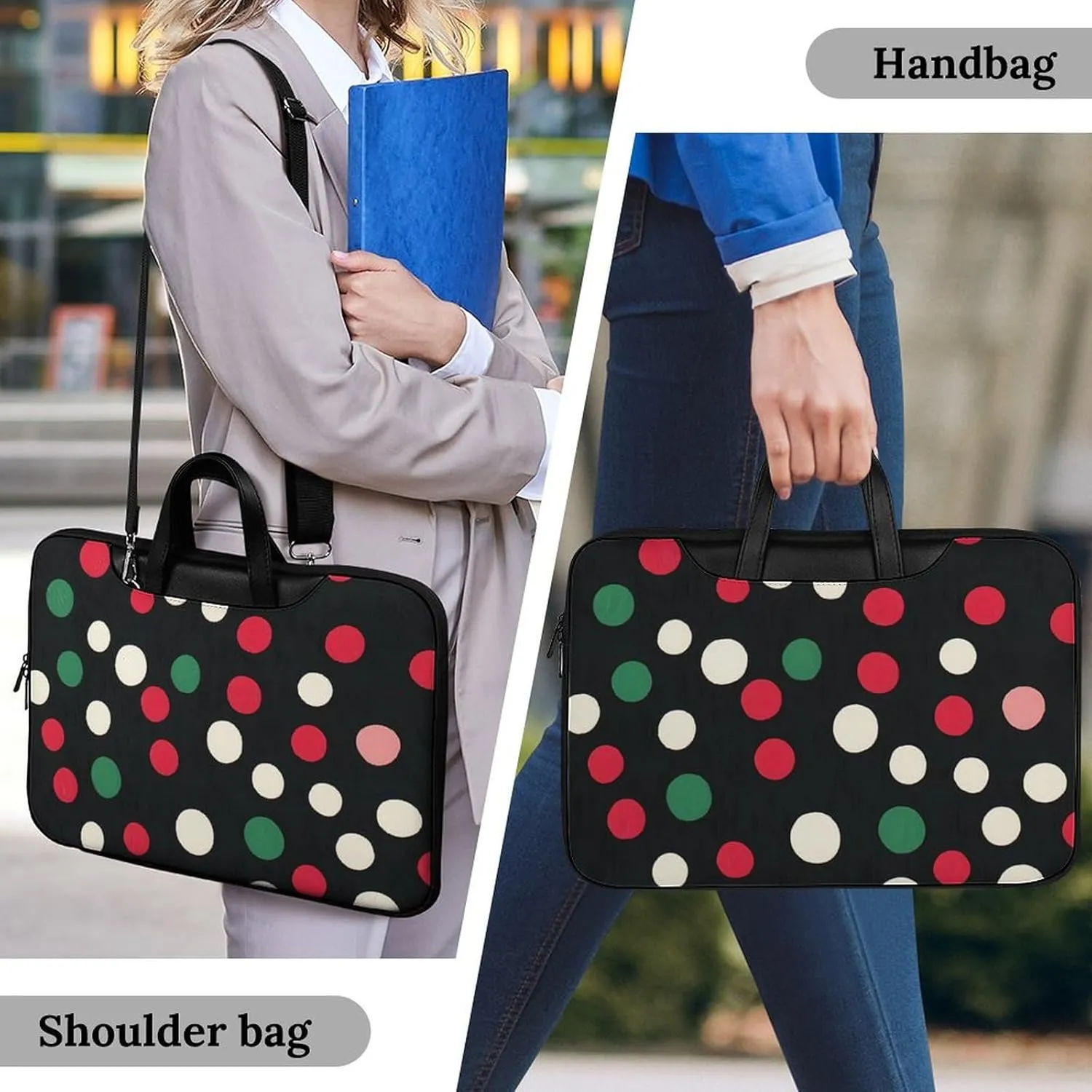 Christmas Polka Dots Leather Bag Laptop Case Slim Water Resistant Computer Bags with Handle Briefcase for Work