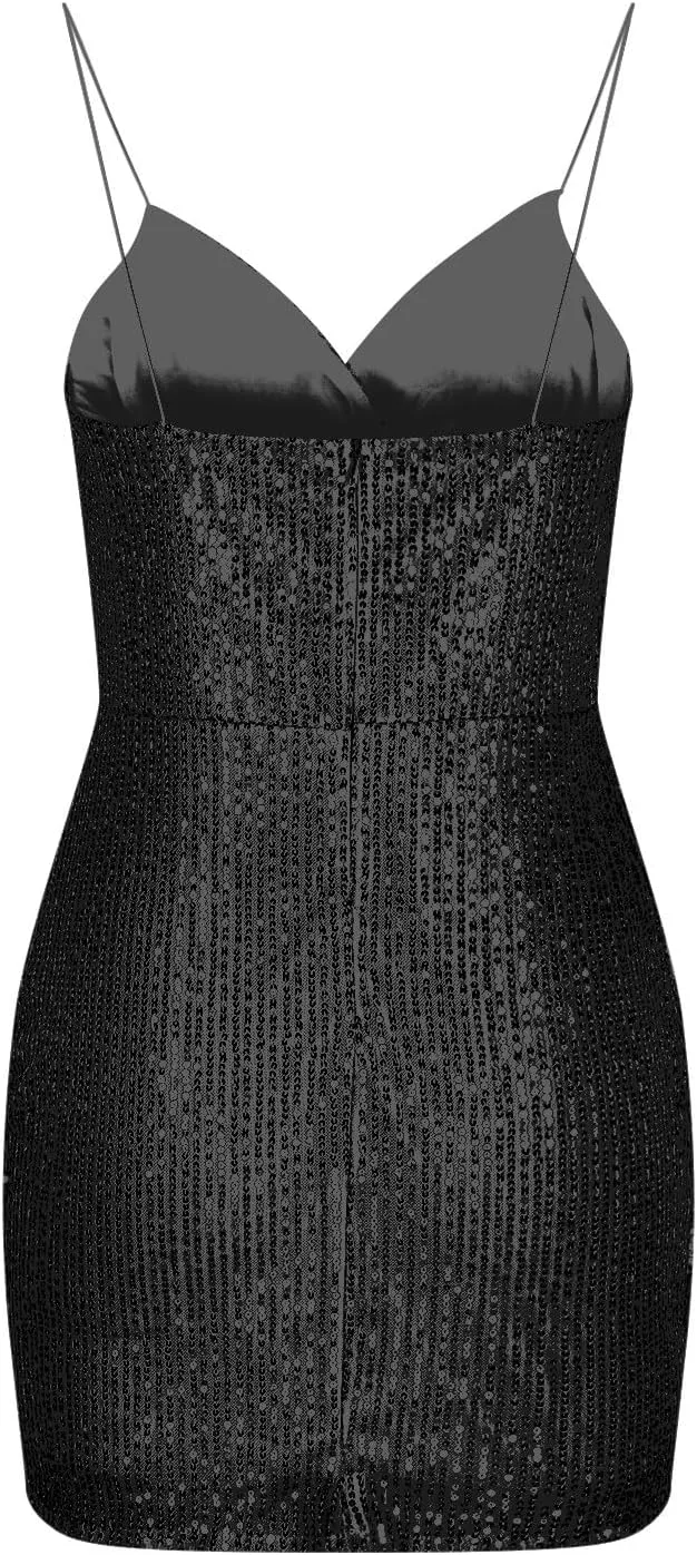 Cocktail Dresses for Women Sexy Deep V Spaghetti Straps Sequins Mini Dress Cross Pleated Backless Party Gown