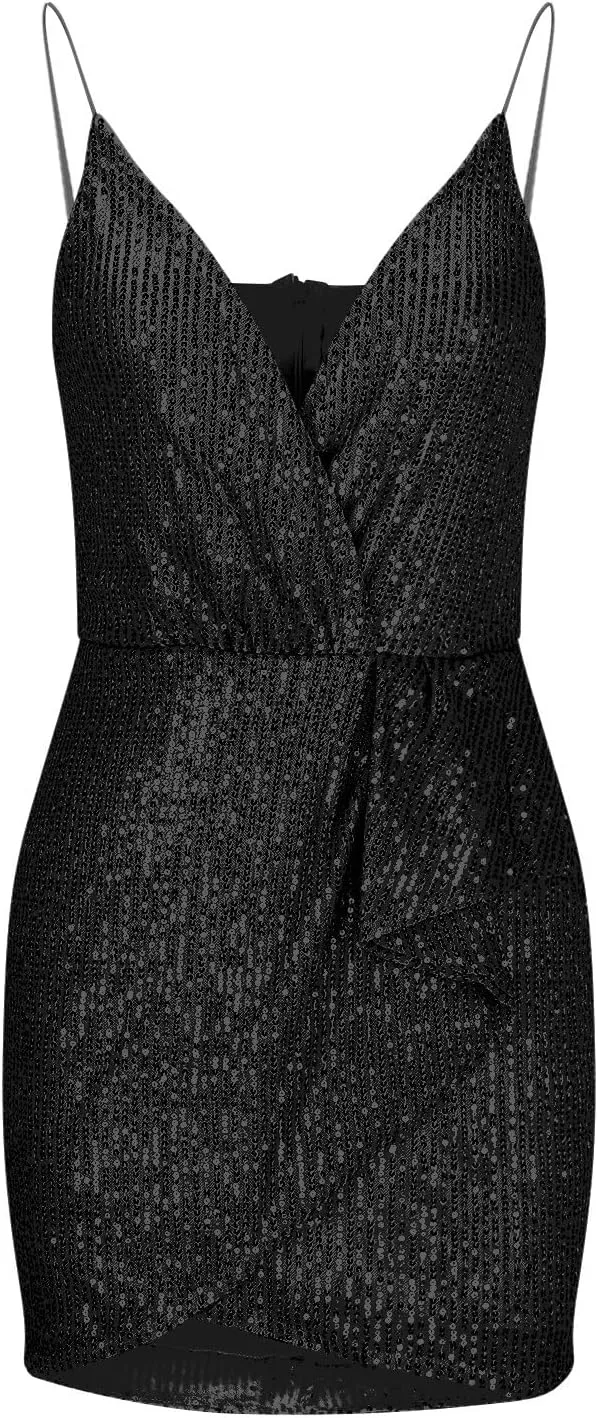 Cocktail Dresses for Women Sexy Deep V Spaghetti Straps Sequins Mini Dress Cross Pleated Backless Party Gown