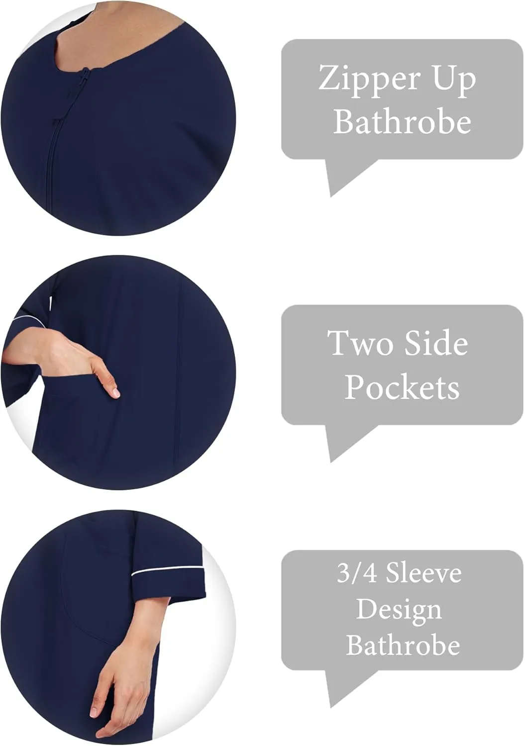 COLORFULLEAF 100% Cotton Zipper Robes for Women 3/4 Sleeve Bathrobe Lightweight with Pockets Loungewear