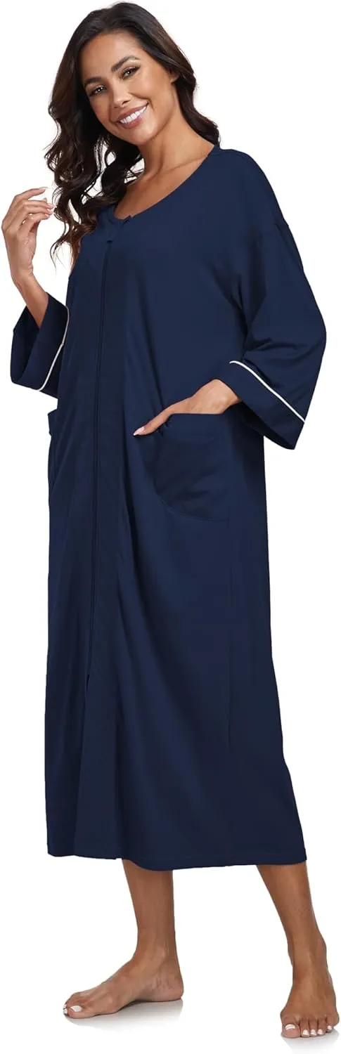 COLORFULLEAF 100% Cotton Zipper Robes for Women 3/4 Sleeve Bathrobe Lightweight with Pockets Loungewear