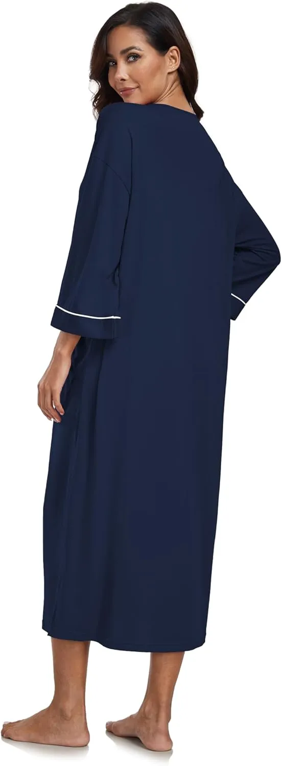 COLORFULLEAF 100% Cotton Zipper Robes for Women 3/4 Sleeve Bathrobe Lightweight with Pockets Loungewear