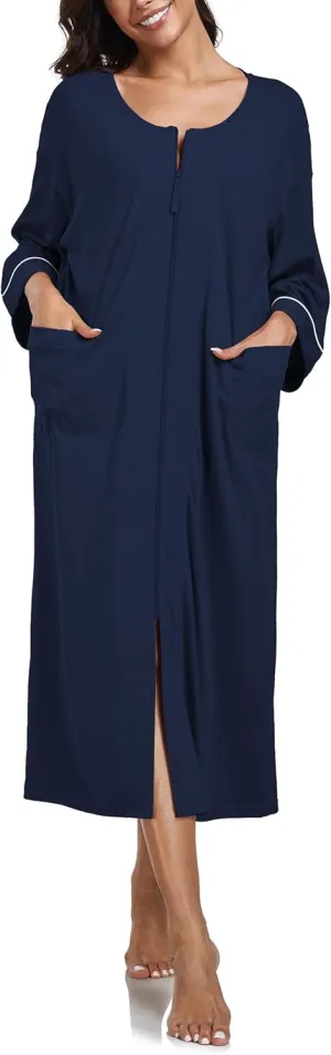 COLORFULLEAF 100% Cotton Zipper Robes for Women 3/4 Sleeve Bathrobe Lightweight with Pockets Loungewear