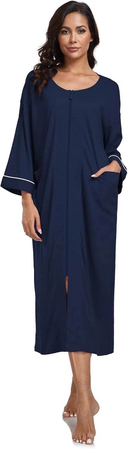 COLORFULLEAF 100% Cotton Zipper Robes for Women 3/4 Sleeve Bathrobe Lightweight with Pockets Loungewear