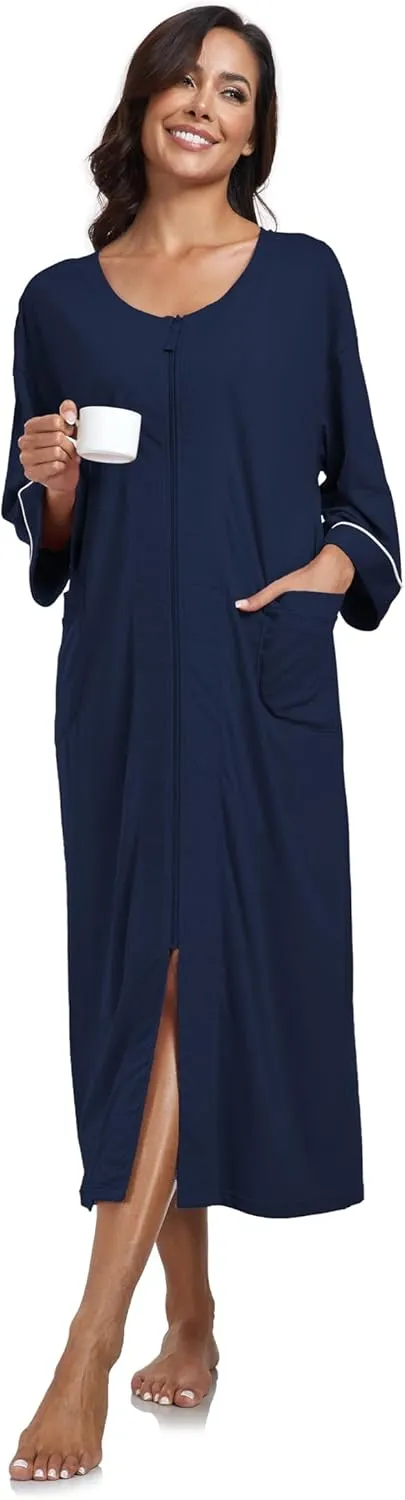 COLORFULLEAF 100% Cotton Zipper Robes for Women 3/4 Sleeve Bathrobe Lightweight with Pockets Loungewear