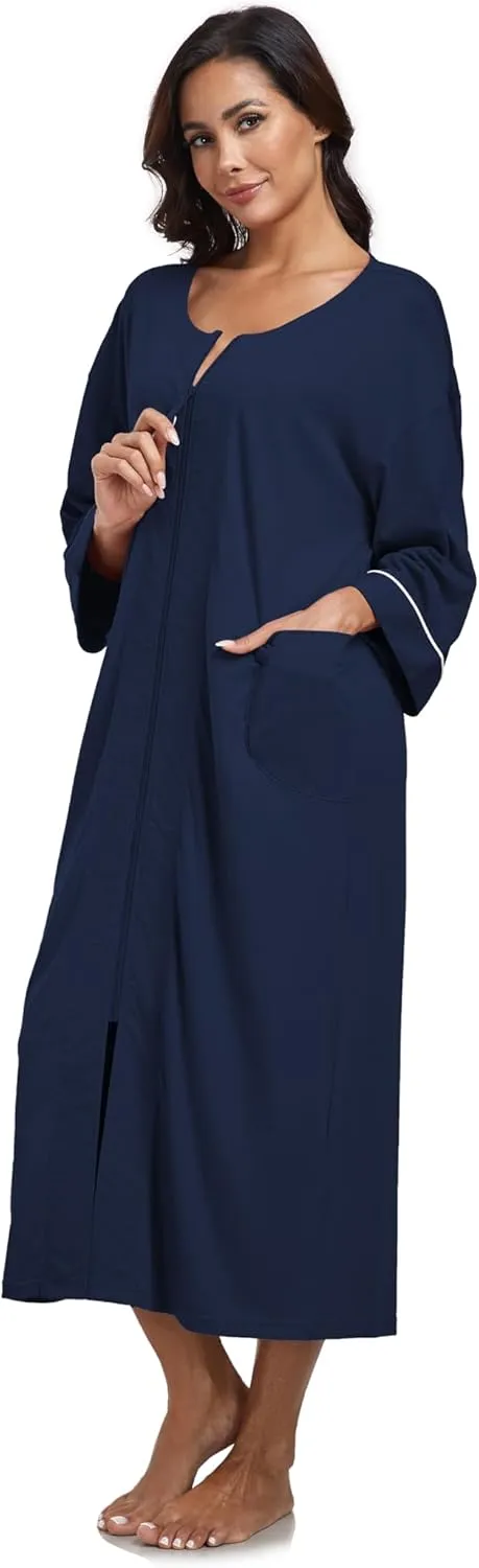 COLORFULLEAF 100% Cotton Zipper Robes for Women 3/4 Sleeve Bathrobe Lightweight with Pockets Loungewear