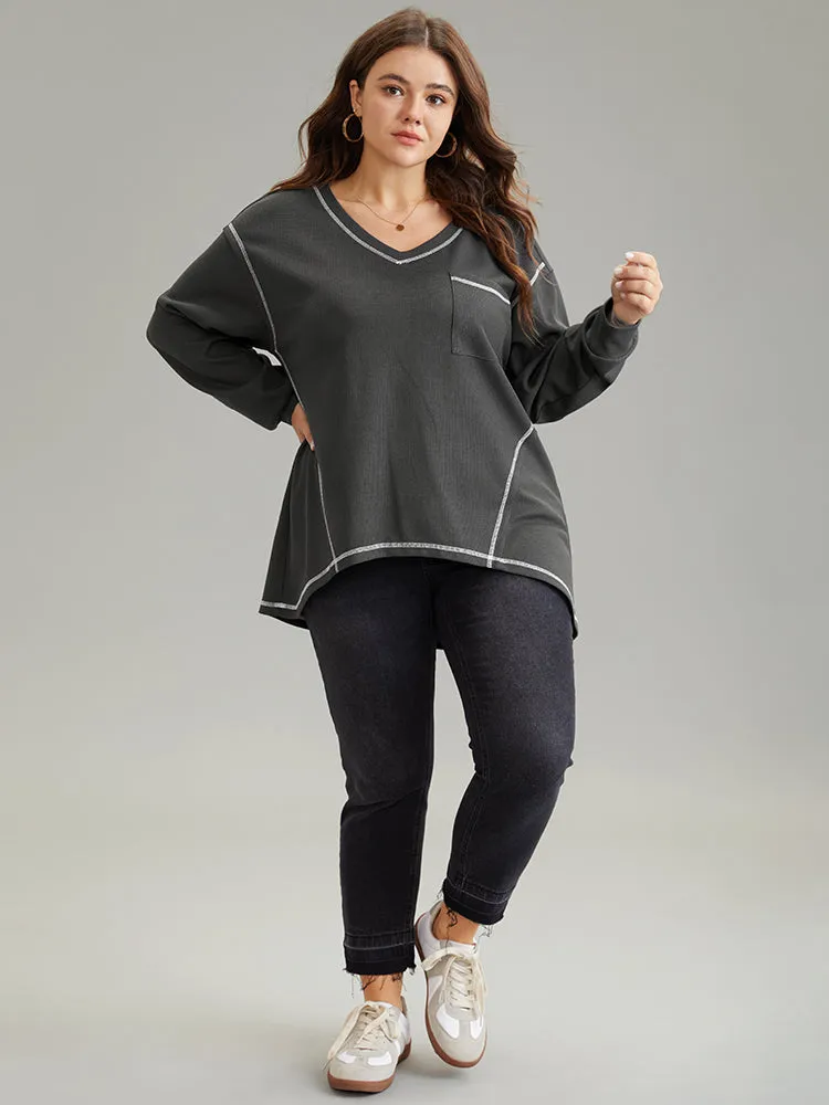Contrast Stitch Waffle Knit Curved Hem T-shirt