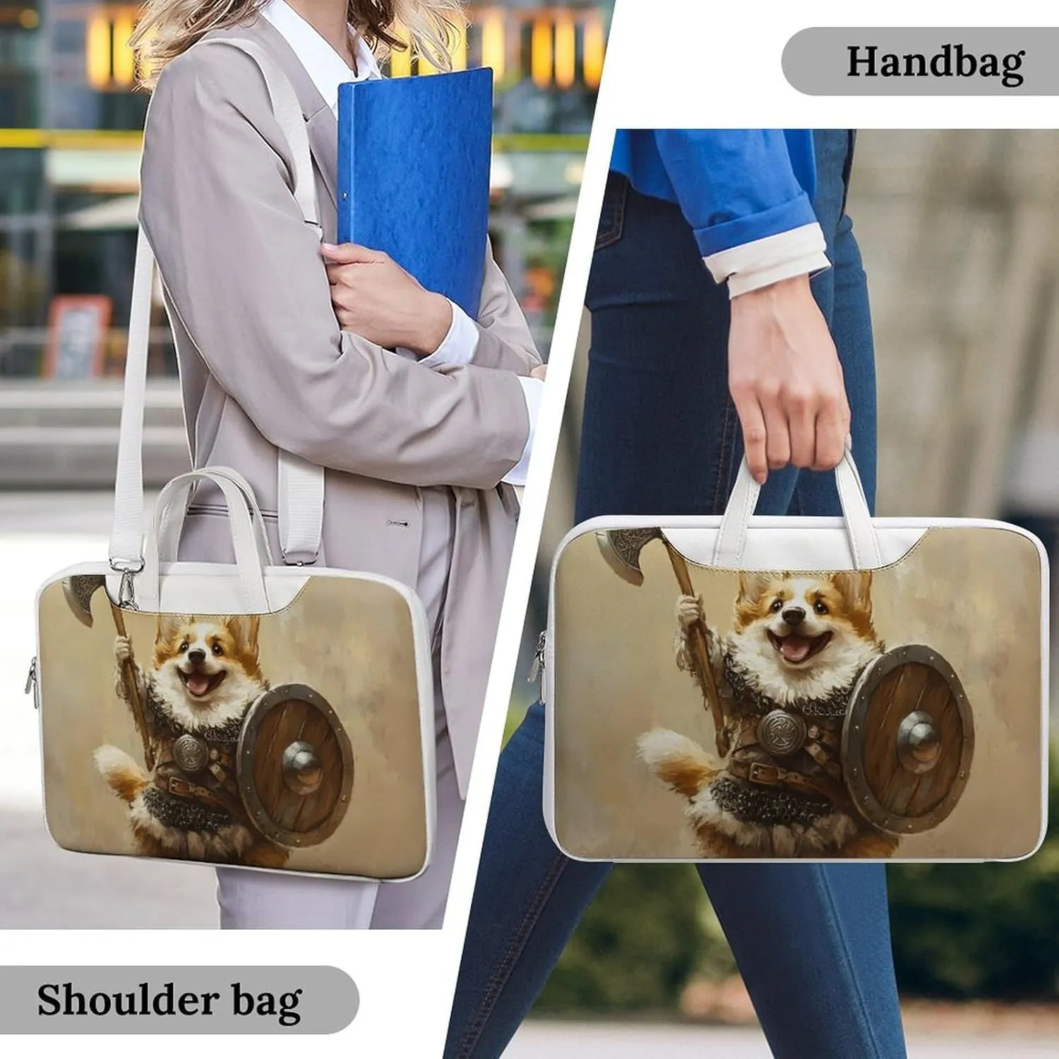 Corgi Dog Ancient Warrior Soldier Leather Bag Laptop Case Slim Water Resistant Computer Bags with Handle Briefcase for Work