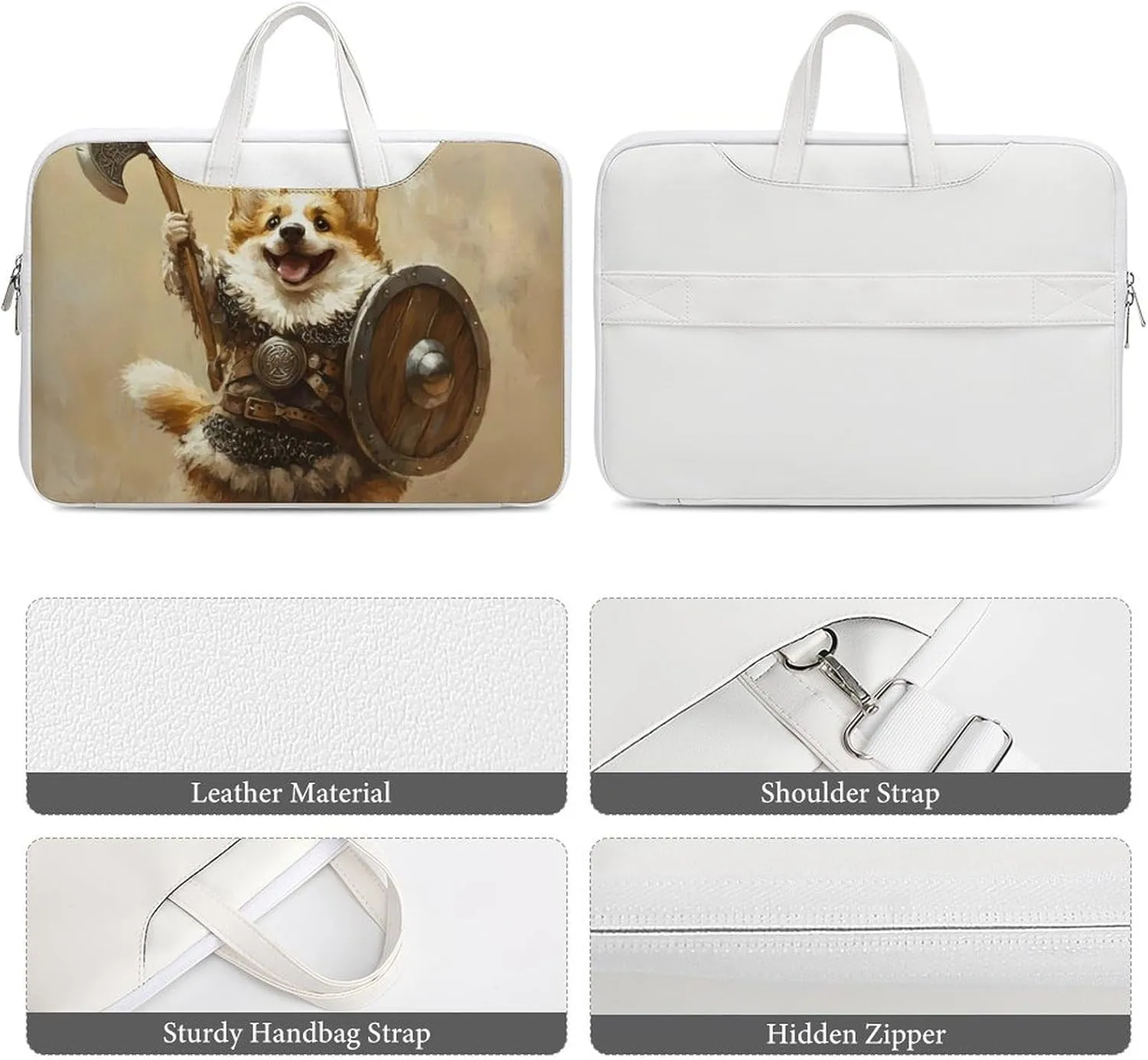 Corgi Dog Ancient Warrior Soldier Leather Bag Laptop Case Slim Water Resistant Computer Bags with Handle Briefcase for Work