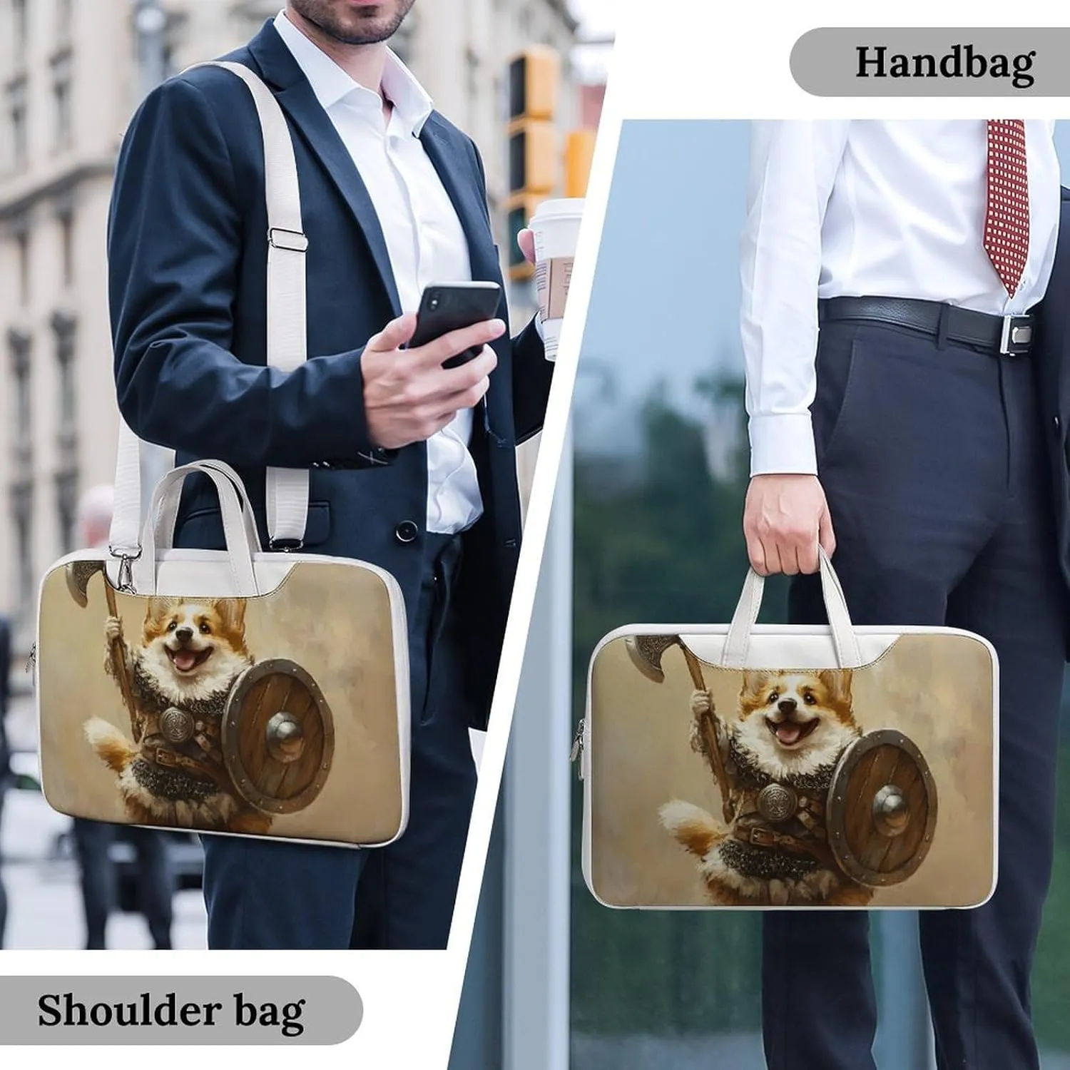 Corgi Dog Ancient Warrior Soldier Leather Bag Laptop Case Slim Water Resistant Computer Bags with Handle Briefcase for Work