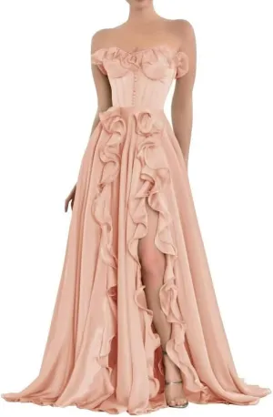 Corset A Line Chiffon Prom Dress for Women Strapless Tiered Ruffle Formal Evening Gowns with Slit HK02