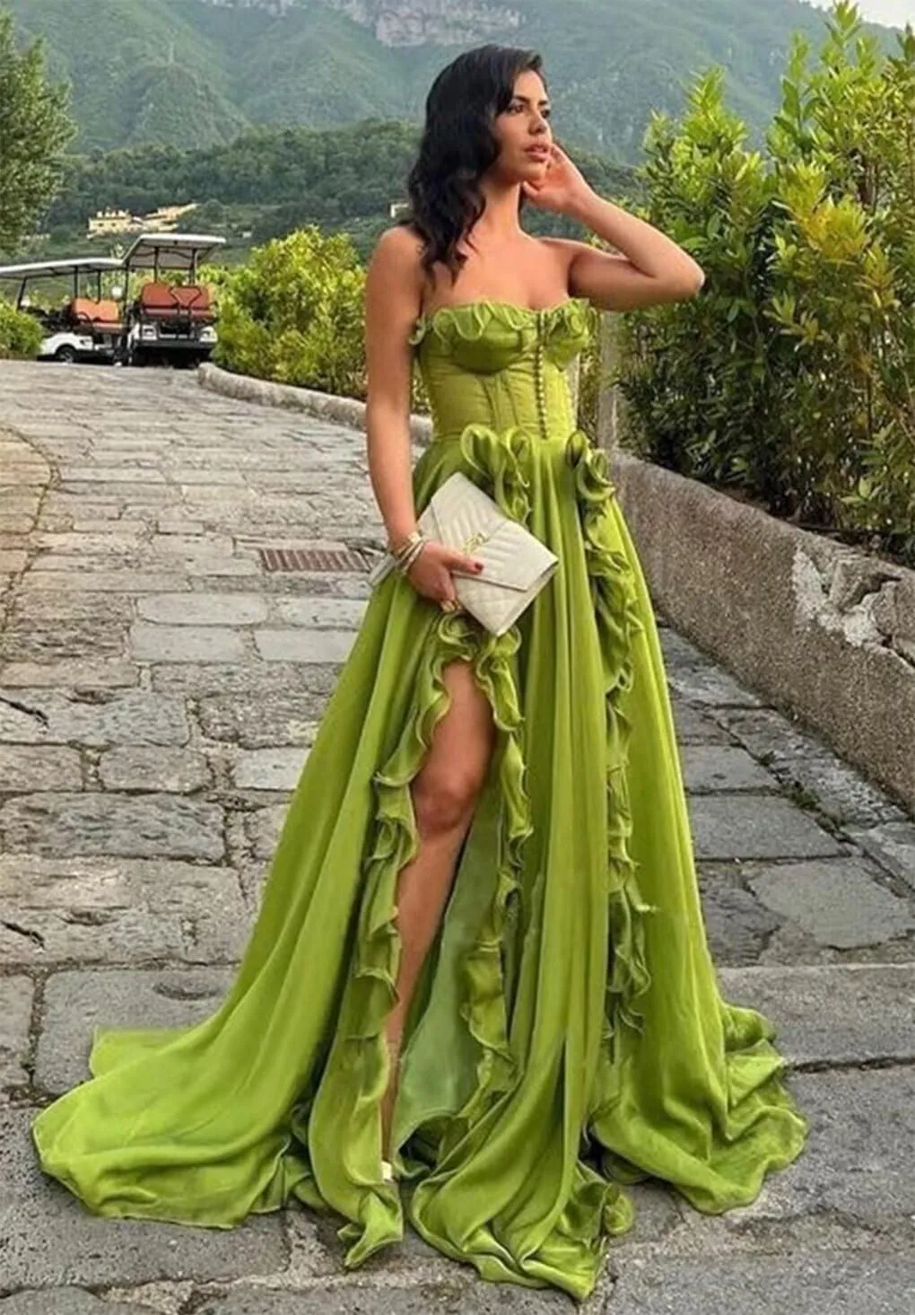 Corset A Line Chiffon Prom Dress for Women Strapless Tiered Ruffle Formal Evening Gowns with Slit HK02