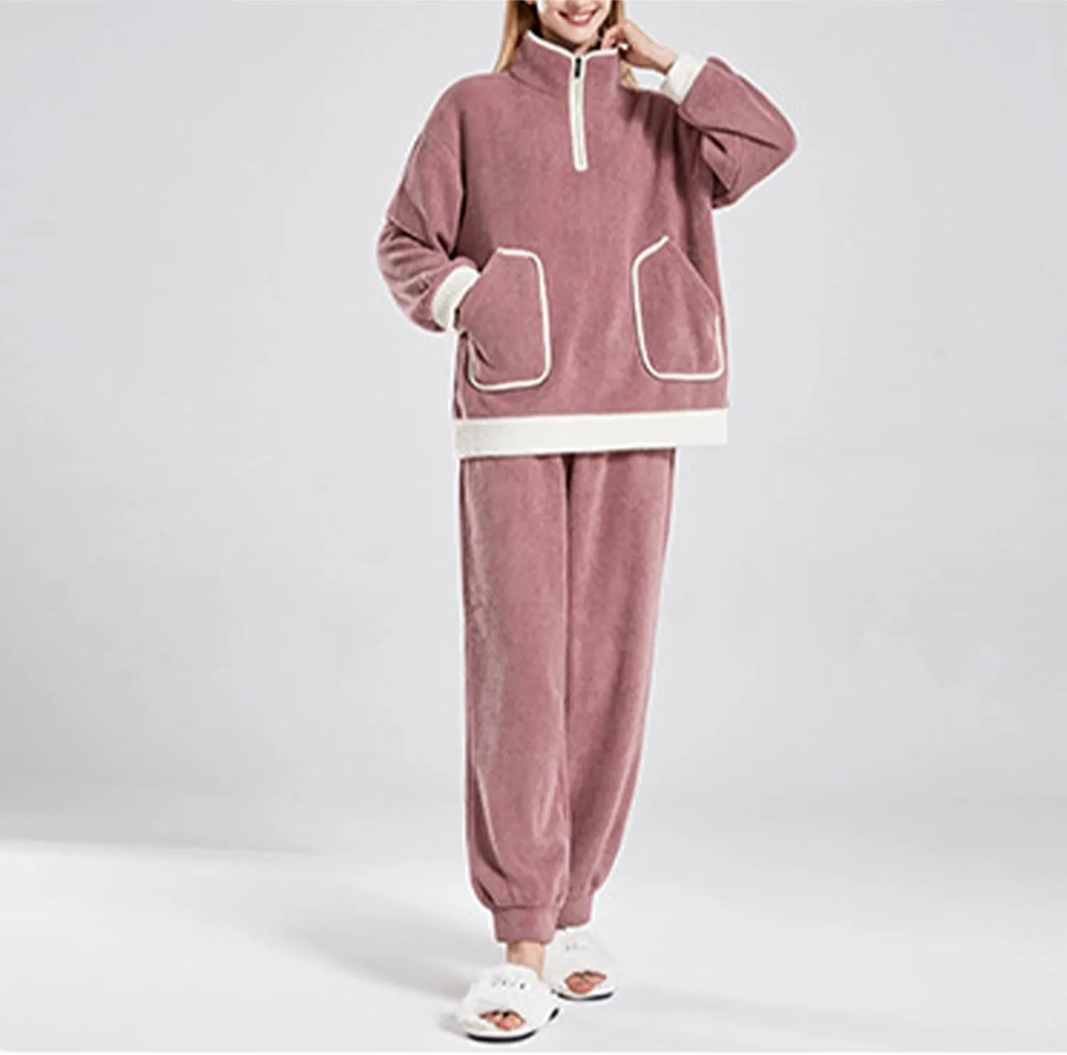 Couples Winter Pajamas Set Velvet Fleece Pullover Tops Long Pants 2 Piece Pajamas Set Thermal Loungewear Sleepwear