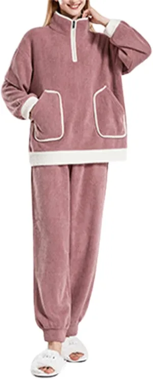 Couples Winter Pajamas Set Velvet Fleece Pullover Tops Long Pants 2 Piece Pajamas Set Thermal Loungewear Sleepwear