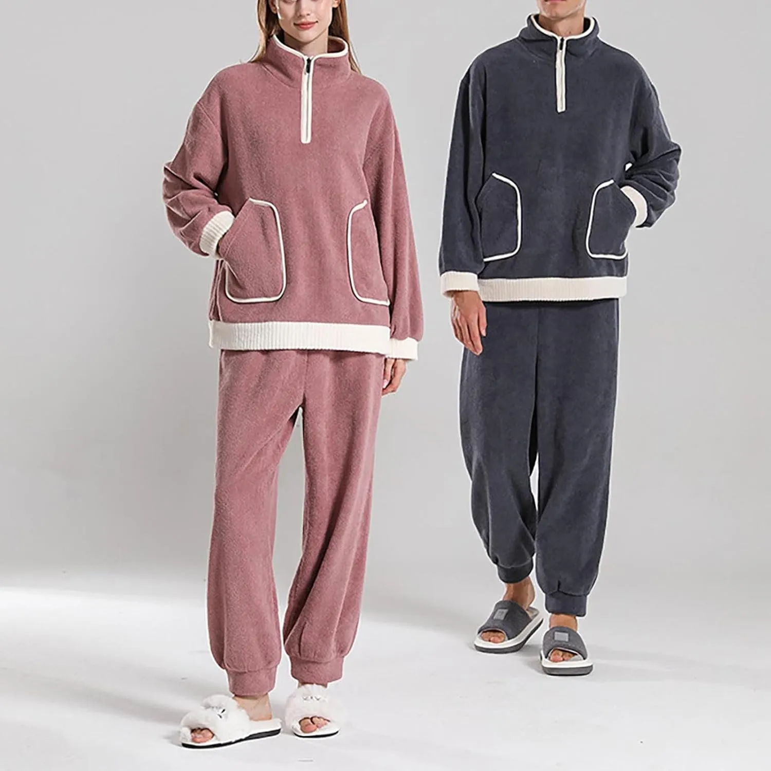 Couples Winter Pajamas Set Velvet Fleece Pullover Tops Long Pants 2 Piece Pajamas Set Thermal Loungewear Sleepwear