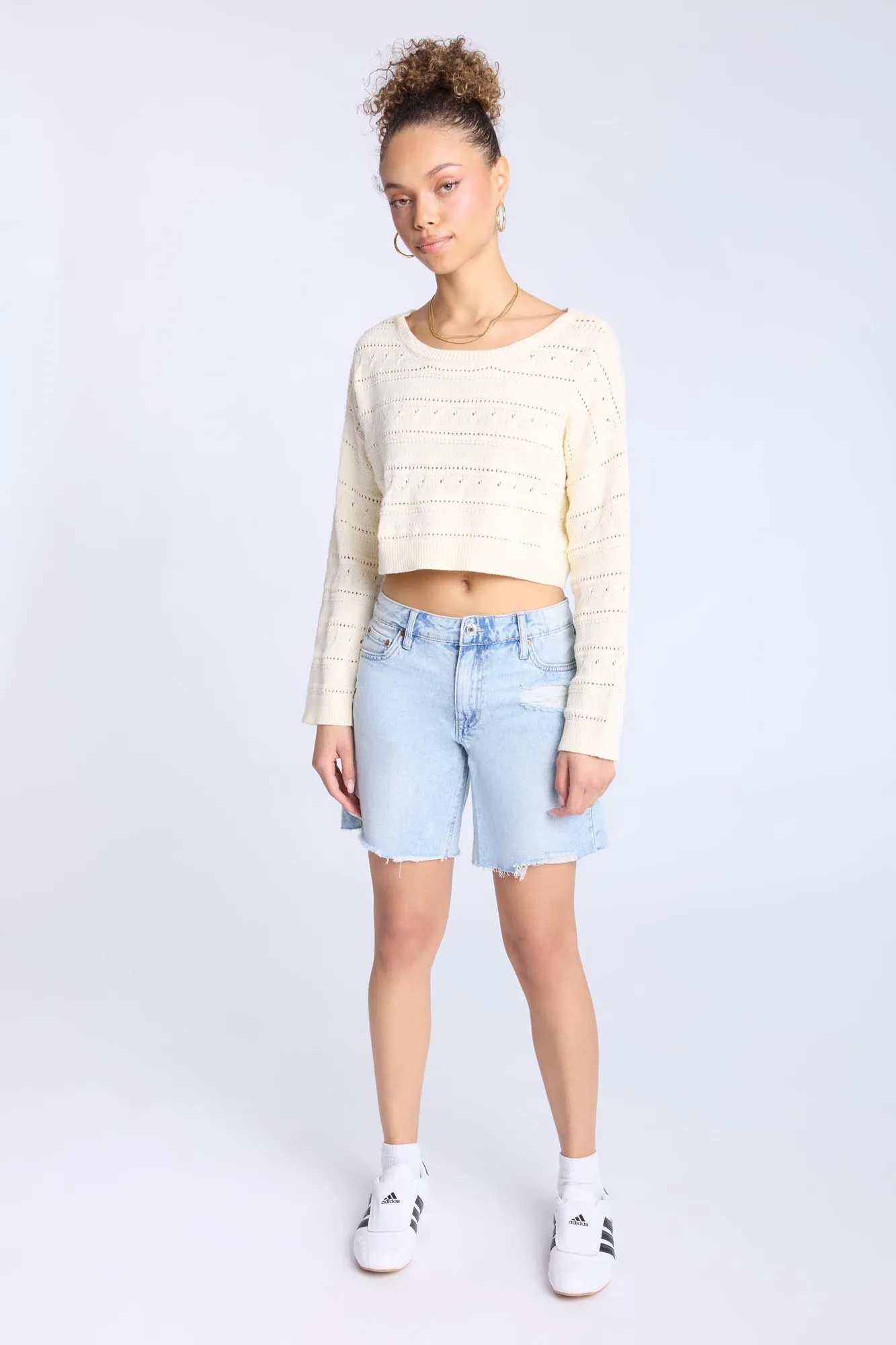 Crochet-Style Crew Neck Sweater
