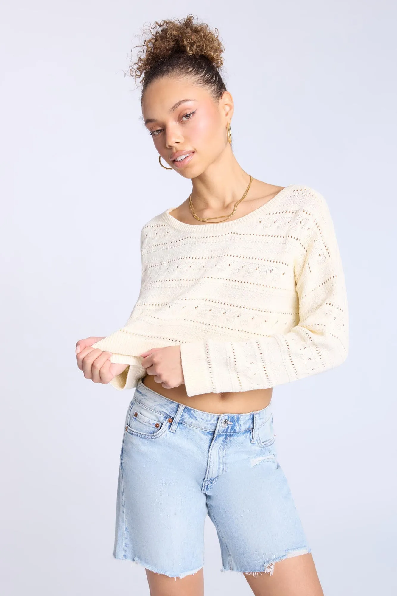 Crochet-Style Crew Neck Sweater