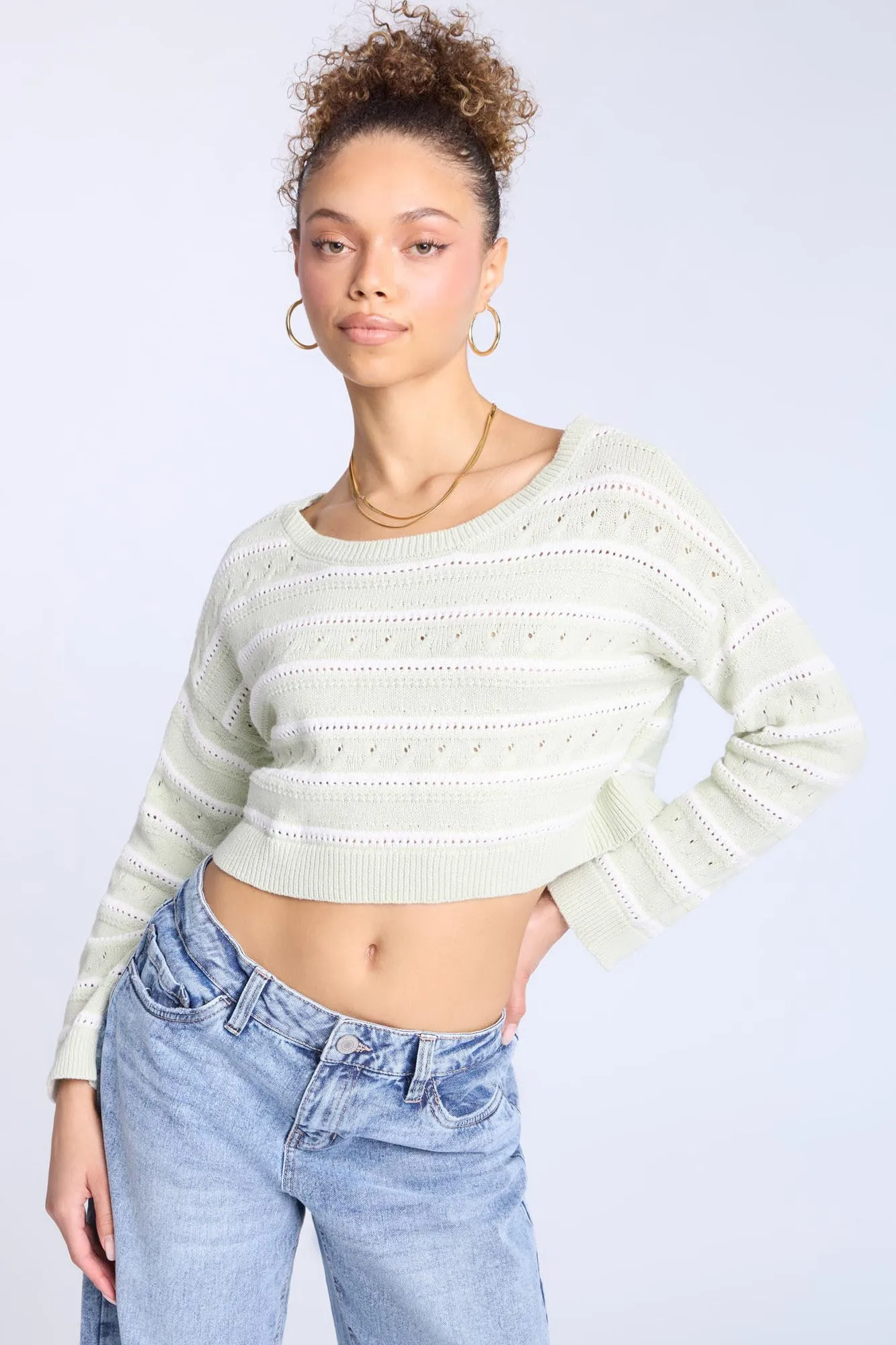 Crochet-Style Crew Neck Sweater