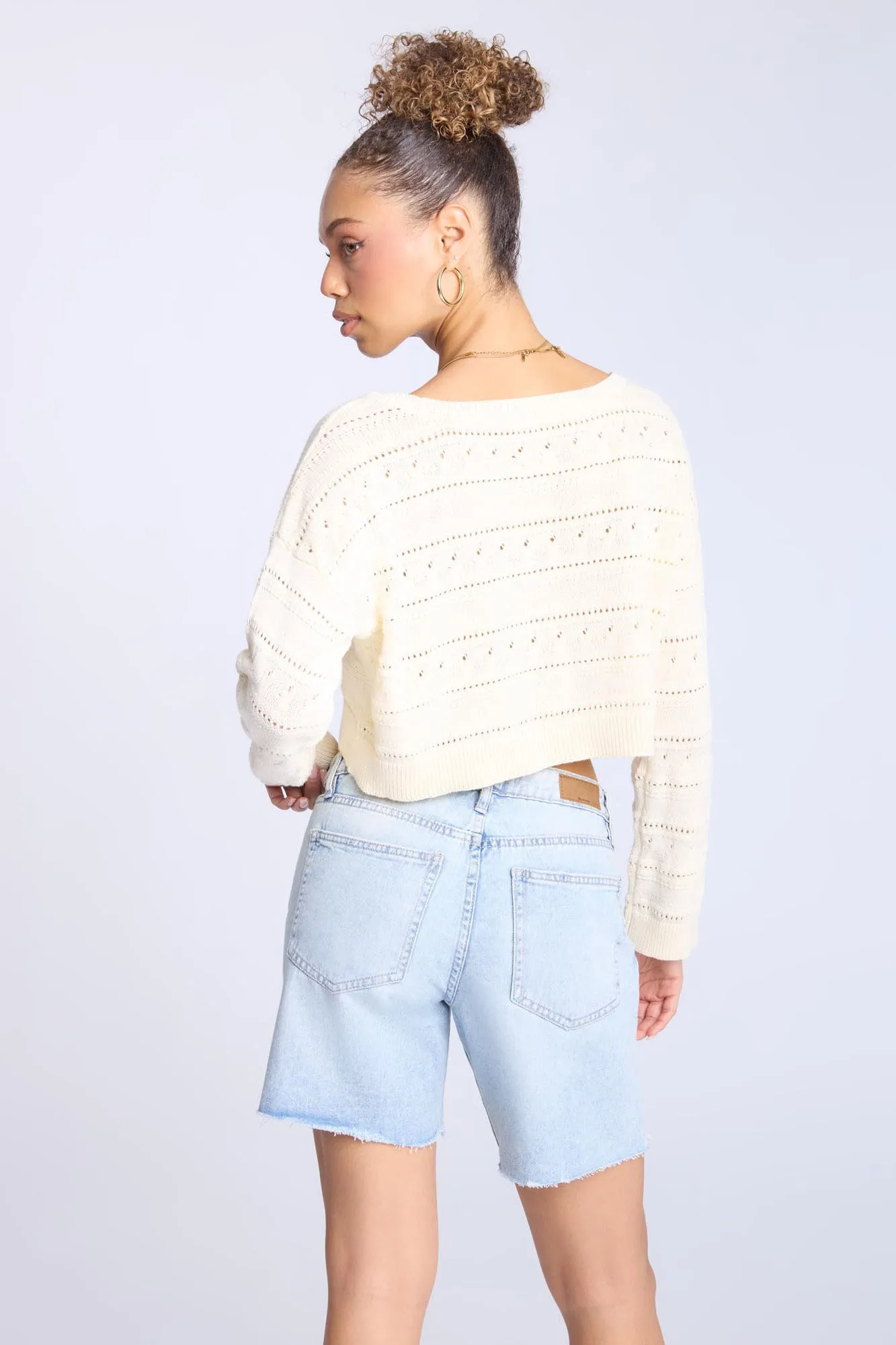 Crochet-Style Crew Neck Sweater