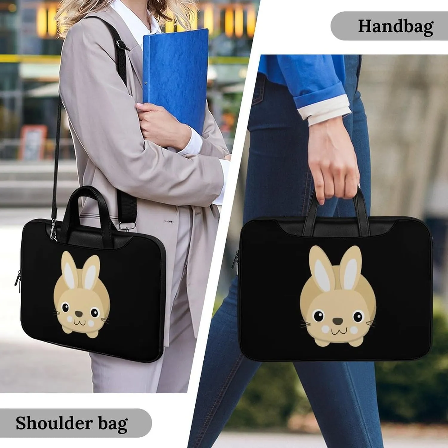 Cute Bunny Rabbit Leather Bag Laptop Case Slim Water Resistant Computer Bags with Handle Briefcase for Work