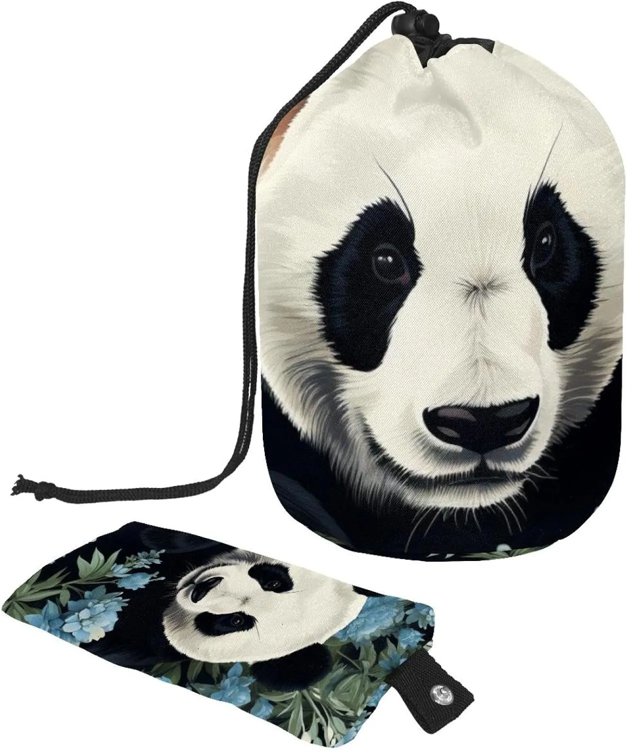 Cute Panda with Flower Pattern Travel Cosmetic Bags Makeup Bag for Women, Foldable Drawstring Travel Cosmetic Bags, Portable Toiletry Bucket Bag