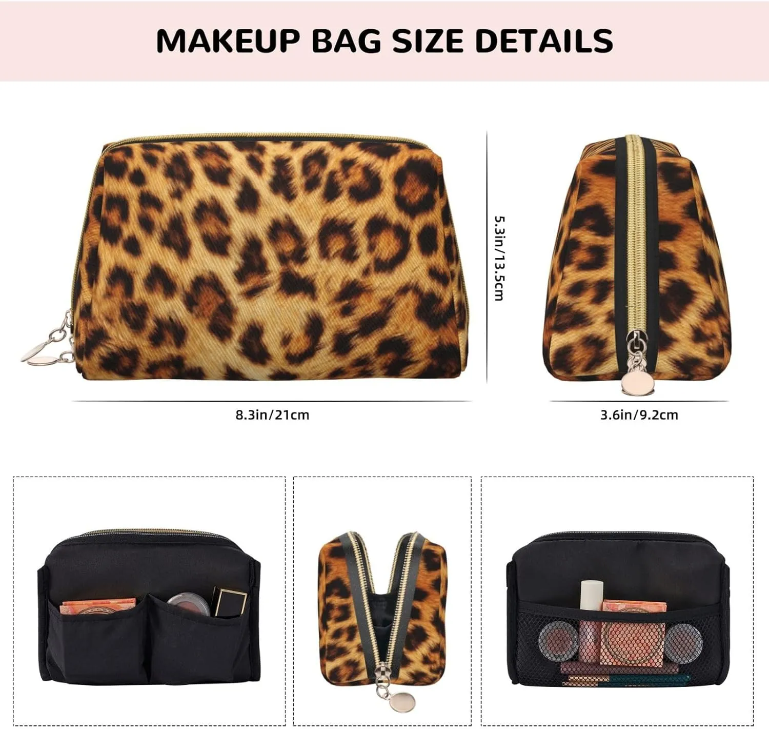 Cute Zipper Cosmetic Pouch Bag for Women, Waterproof Travel Carrying Bag Compatible With Wild Animal Cheetah Leopard Print, Makeup Coin Case, Portable Storage Bag for Office