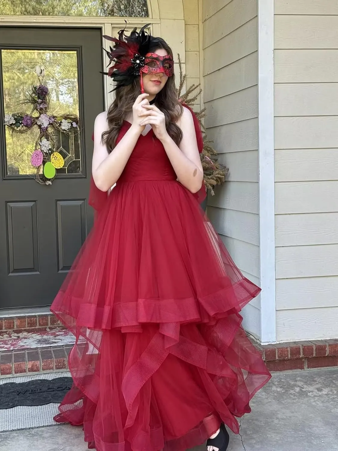 CWOAPO Layered Ruffles Tulle Prom Dresses Spaghetti Strap Ball Gowns Long Elegant V Neck Bow Formal Evening Dress 2025