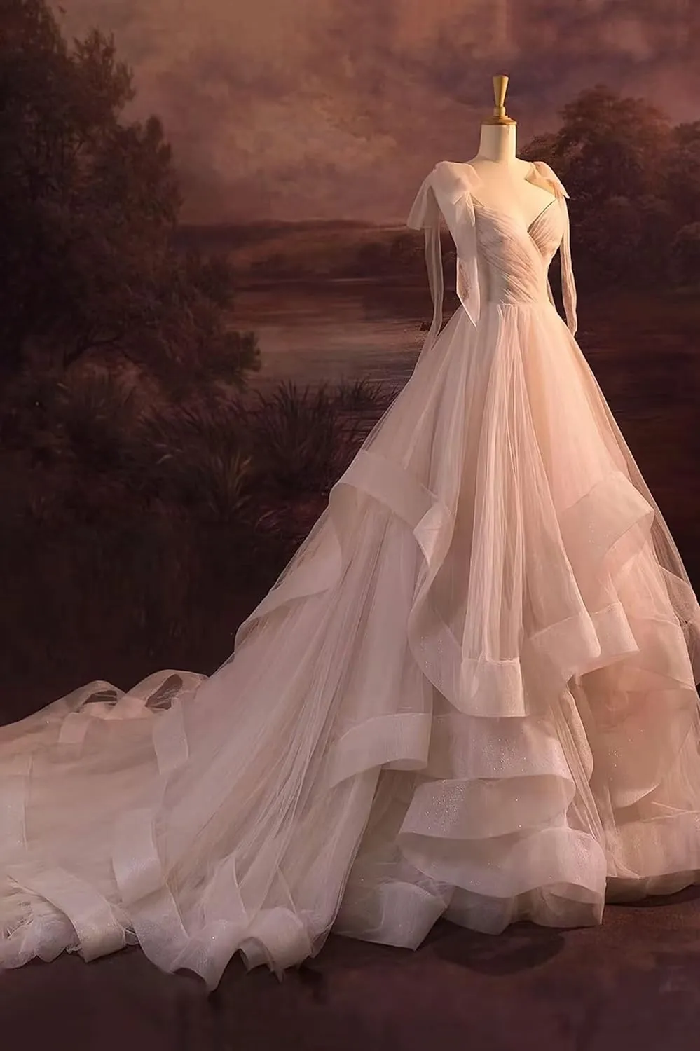 CWOAPO Layered Ruffles Tulle Prom Dresses Spaghetti Strap Ball Gowns Long Elegant V Neck Bow Formal Evening Dress 2025