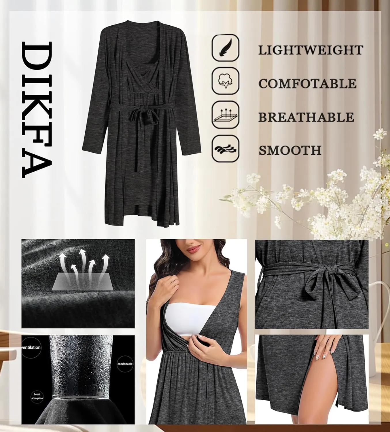 DIKFA Womens Maternity Set 2PCS Nursing Nightgown for Breastfeeding 3 in 1 Labor Delivery Nursing Dress Birthing Bathrobe Set
