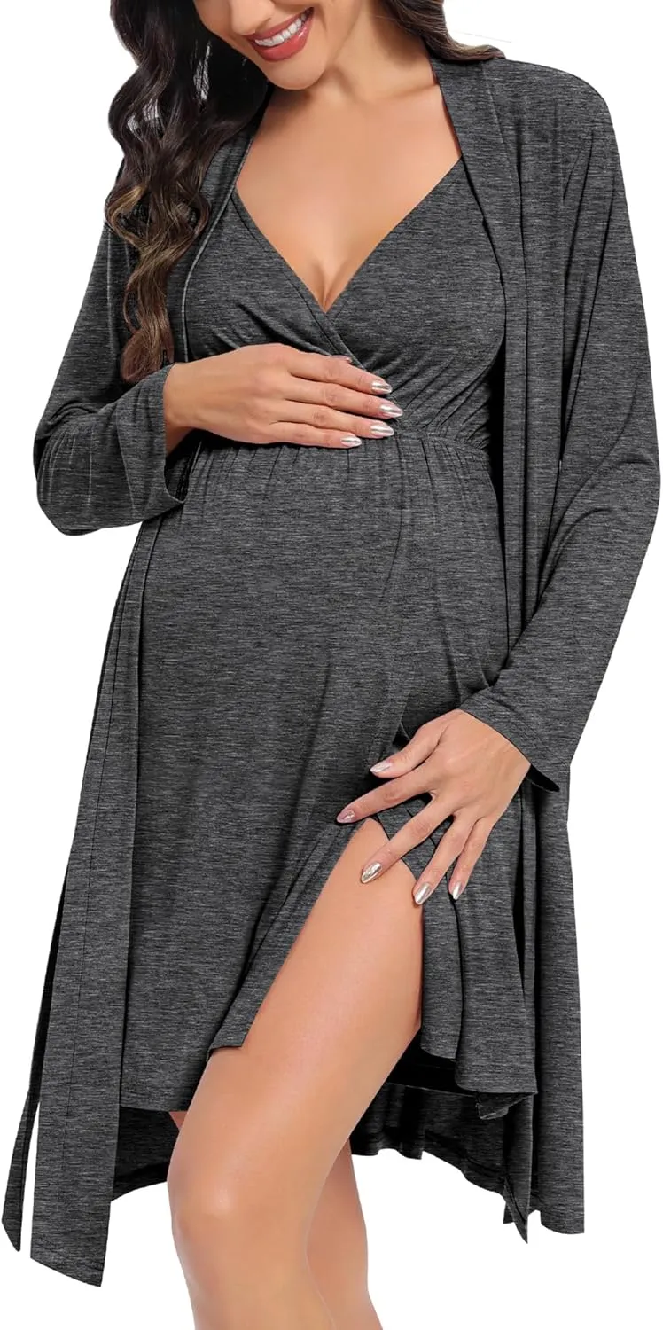 DIKFA Womens Maternity Set 2PCS Nursing Nightgown for Breastfeeding 3 in 1 Labor Delivery Nursing Dress Birthing Bathrobe Set