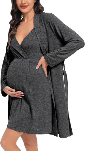 DIKFA Womens Maternity Set 2PCS Nursing Nightgown for Breastfeeding 3 in 1 Labor Delivery Nursing Dress Birthing Bathrobe Set