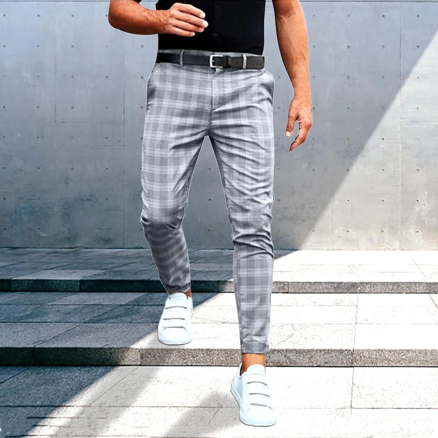Dress Pants for Men Casual Slim Flat Front Plaid Business Work Pencil Trousers Stretch Golf Chino Pants with Pockets
