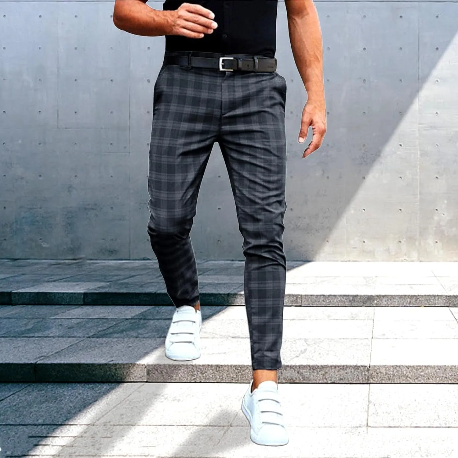 Dress Pants for Men Casual Slim Flat Front Plaid Business Work Pencil Trousers Stretch Golf Chino Pants with Pockets
