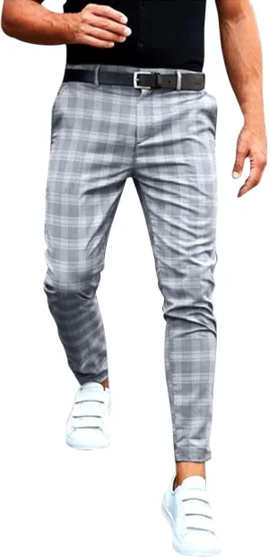 Dress Pants for Men Casual Slim Flat Front Plaid Business Work Pencil Trousers Stretch Golf Chino Pants with Pockets
