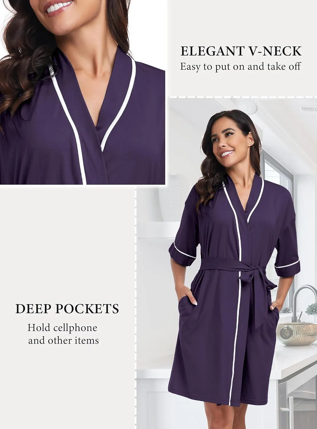 EA'S SECRET Robes for Women Summer Lightweight Bathrobe Bamboo Short Kimono Robe Soft Spa Bath robe Sleepwear for Ladies