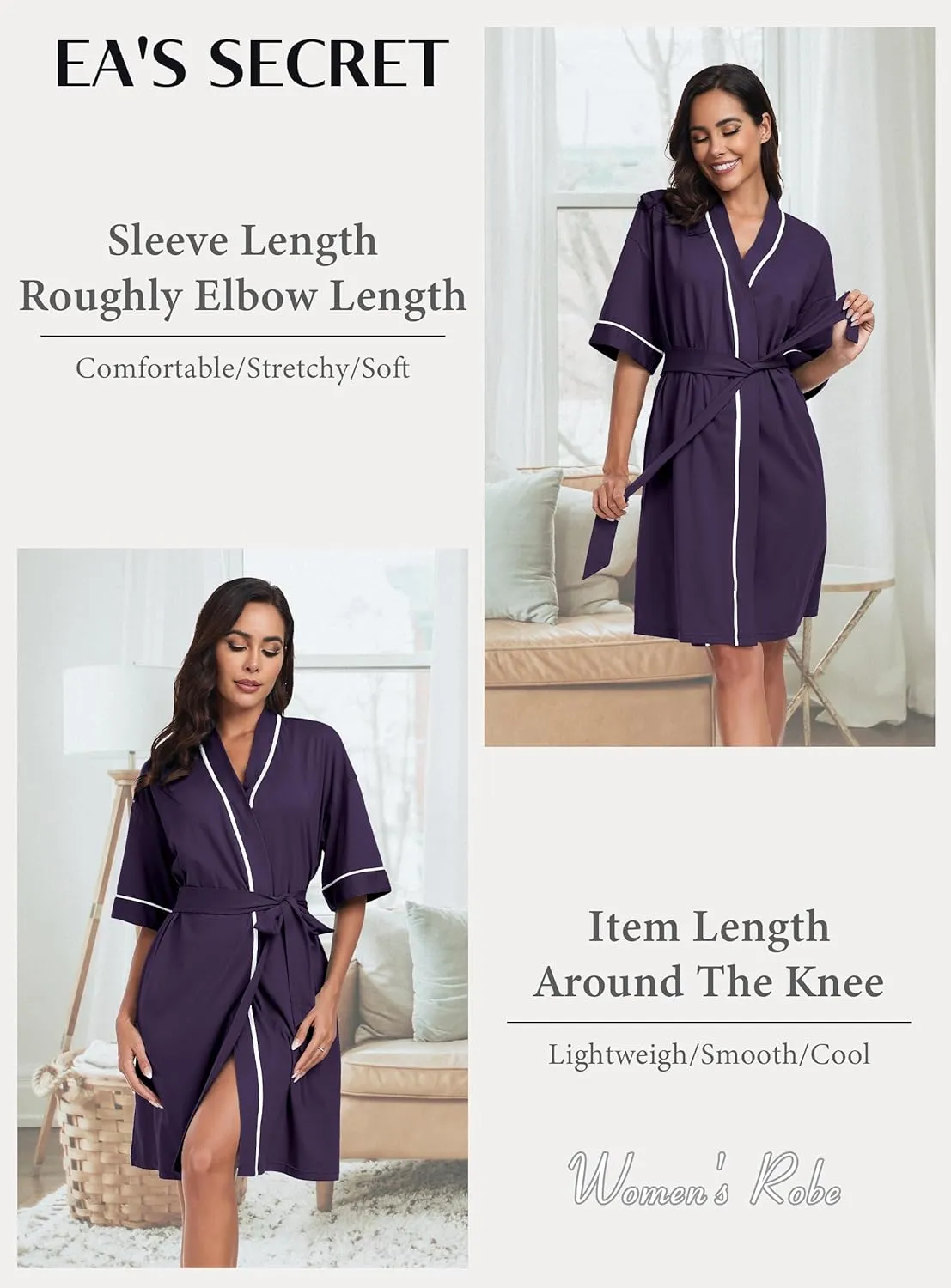 EA'S SECRET Robes for Women Summer Lightweight Bathrobe Bamboo Short Kimono Robe Soft Spa Bath robe Sleepwear for Ladies