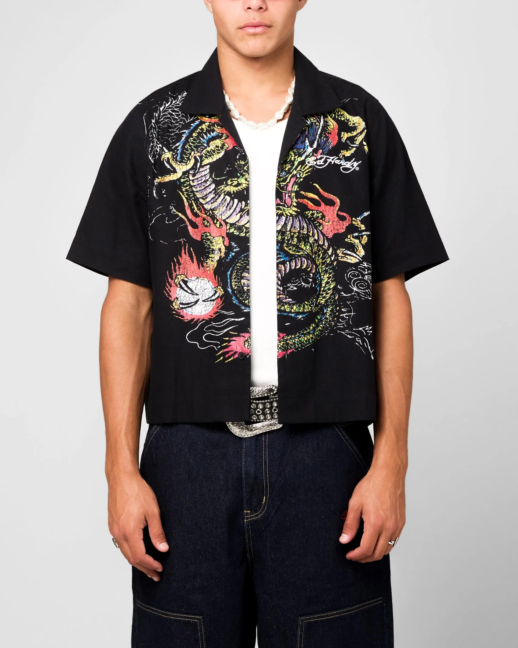 Ed Hardy Dragon Button Up Shirt Black