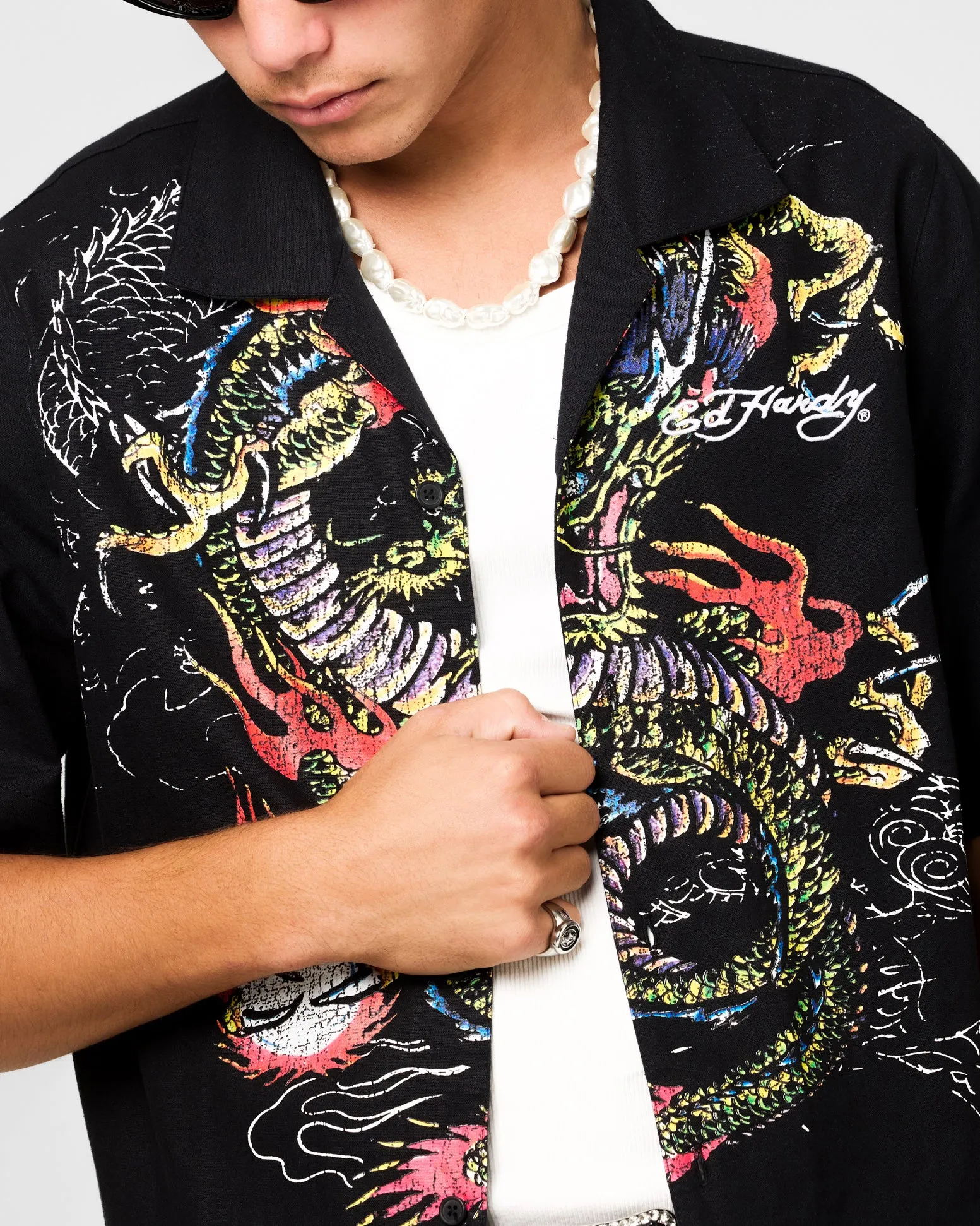 Ed Hardy Dragon Button Up Shirt Black