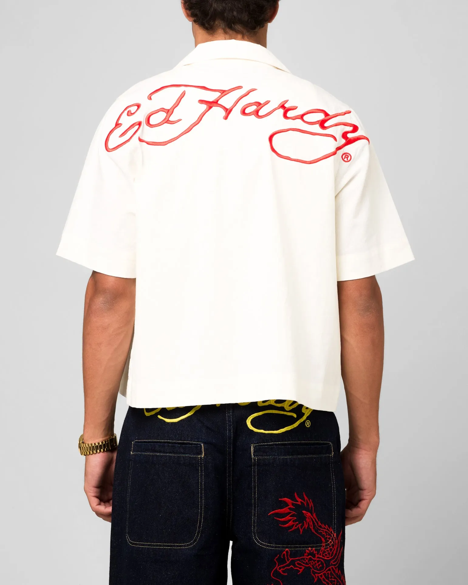 Ed Hardy Flaming Skull Button Up Shirt Off White