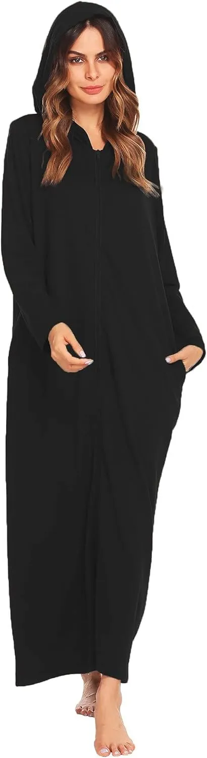 Ekouaer Robe for Women Zipper Robe Loungewear Full Length Sleepwear Pockets Housecoat Casual Straight Robe S-XXL