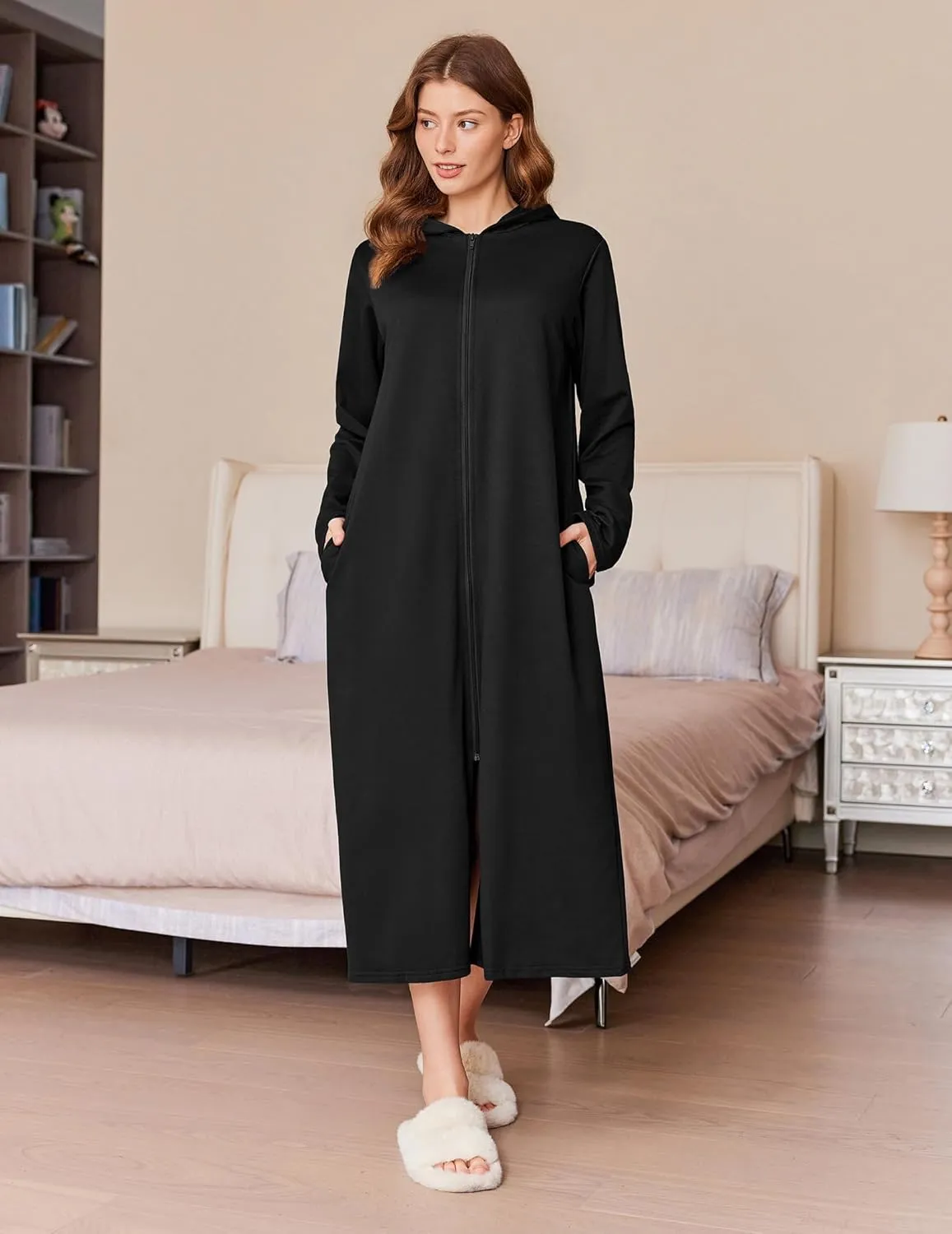 Ekouaer Robe for Women Zipper Robe Loungewear Full Length Sleepwear Pockets Housecoat Casual Straight Robe S-XXL