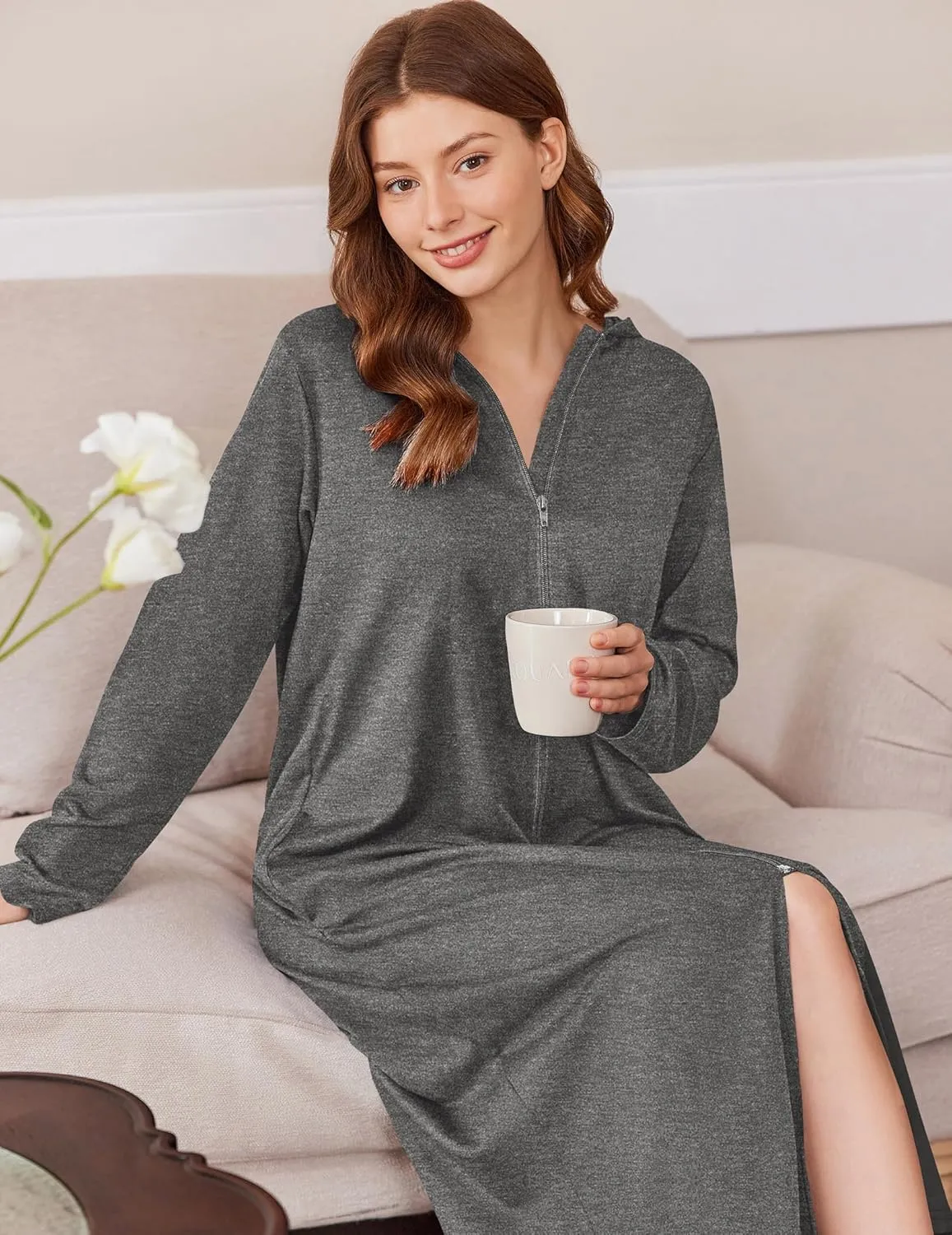 Ekouaer Robe for Women Zipper Robe Loungewear Full Length Sleepwear Pockets Housecoat Casual Straight Robe S-XXL
