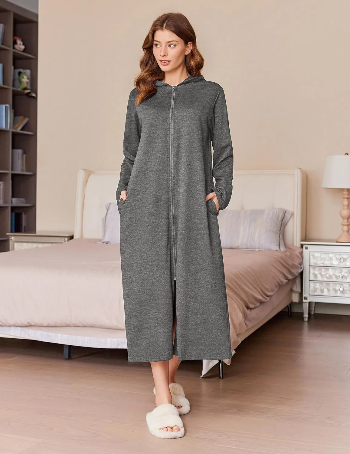 Ekouaer Robe for Women Zipper Robe Loungewear Full Length Sleepwear Pockets Housecoat Casual Straight Robe S-XXL