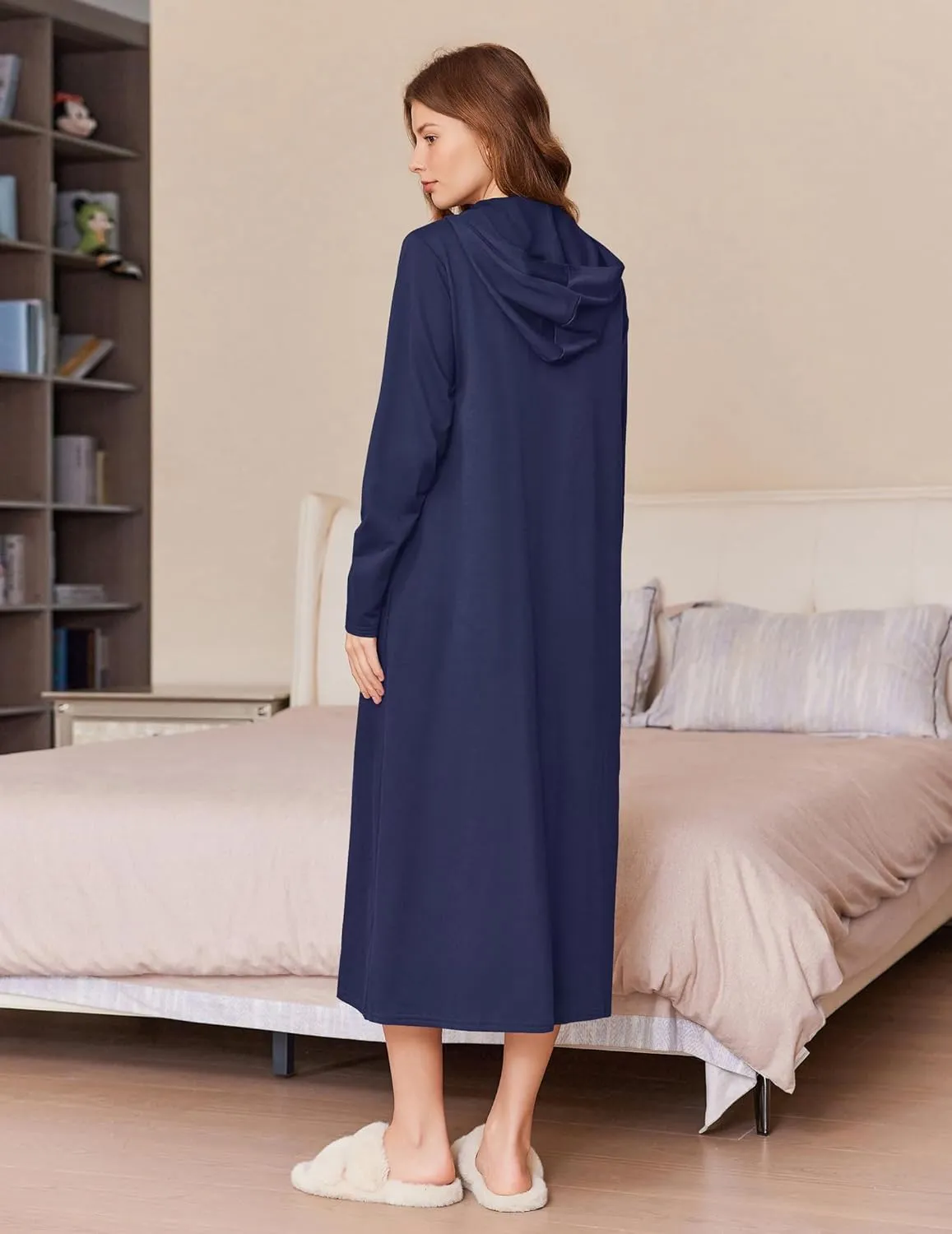 Ekouaer Robe for Women Zipper Robe Loungewear Full Length Sleepwear Pockets Housecoat Casual Straight Robe S-XXL