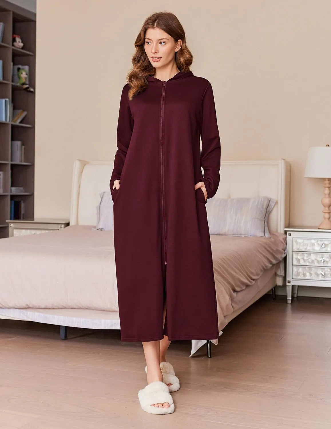 Ekouaer Robe for Women Zipper Robe Loungewear Full Length Sleepwear Pockets Housecoat Casual Straight Robe S-XXL