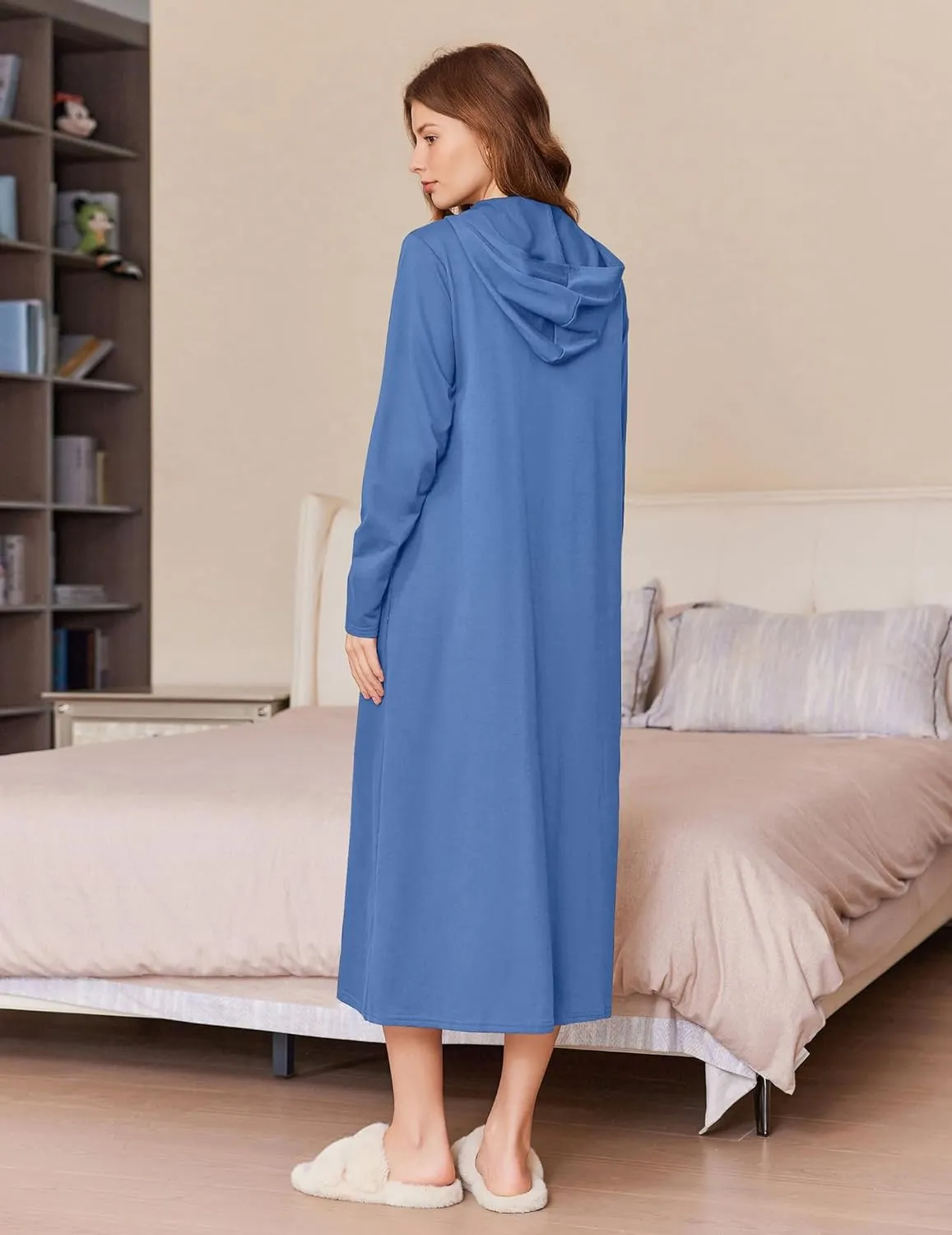 Ekouaer Robe for Women Zipper Robe Loungewear Full Length Sleepwear Pockets Housecoat Casual Straight Robe S-XXL