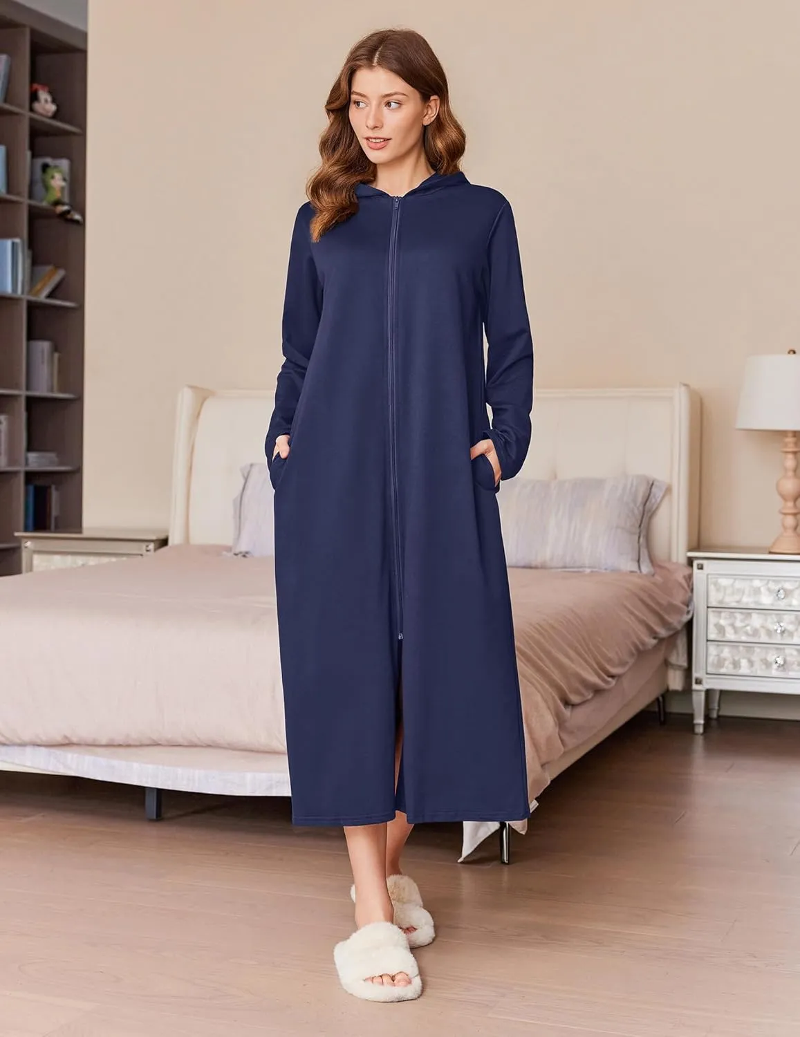 Ekouaer Robe for Women Zipper Robe Loungewear Full Length Sleepwear Pockets Housecoat Casual Straight Robe S-XXL