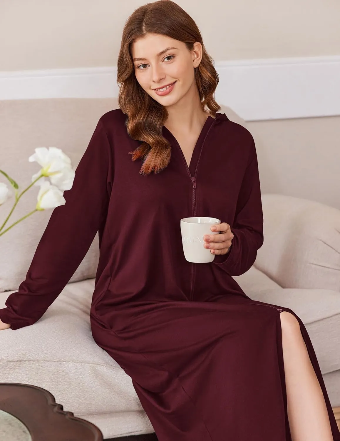 Ekouaer Robe for Women Zipper Robe Loungewear Full Length Sleepwear Pockets Housecoat Casual Straight Robe S-XXL