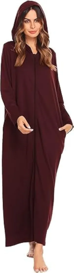 Ekouaer Robe for Women Zipper Robe Loungewear Full Length Sleepwear Pockets Housecoat Casual Straight Robe S-XXL