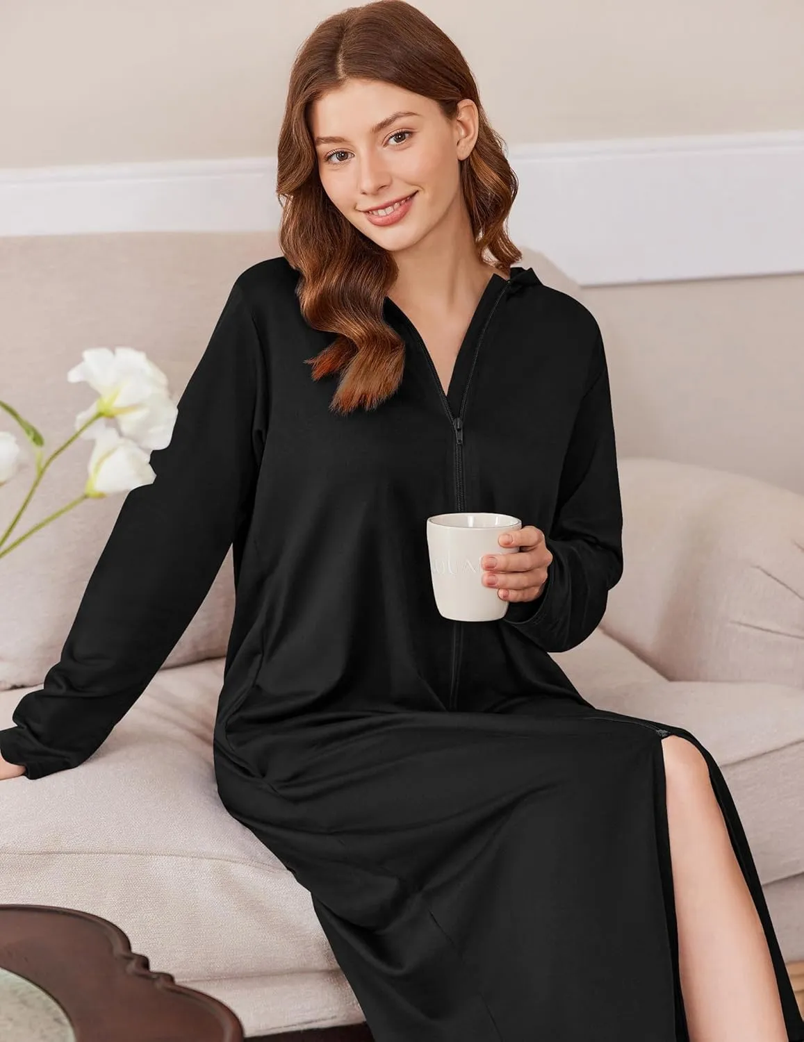 Ekouaer Robe for Women Zipper Robe Loungewear Full Length Sleepwear Pockets Housecoat Casual Straight Robe S-XXL